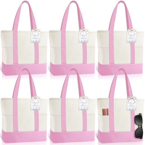 Shinylin Mini Canvas Tote Bags with 2 Pockets - color: Pink and Beige