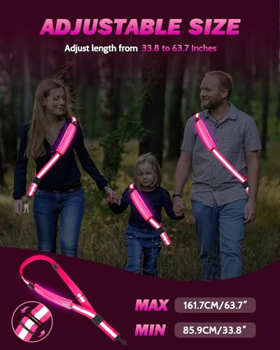 Fitense LED Reflective Belt Sash - 5 Lights Colors & 3 Light Modes High Visibility Night Safety Belt, Rechargeable Light Up Running Gear Adjustable Vest Straps for Runners Walkers Men Women - color: Pink, style: Pouch