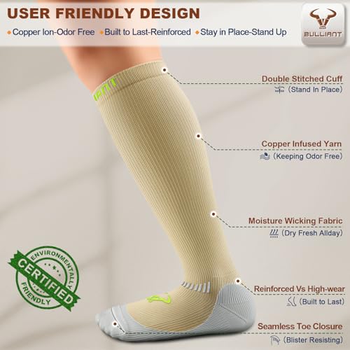 BULLIANT Men's Cushioned Compression Knee High Sports Recovery Socks 3Pack - color: 3pairs-nude8395, size: Small-Medium