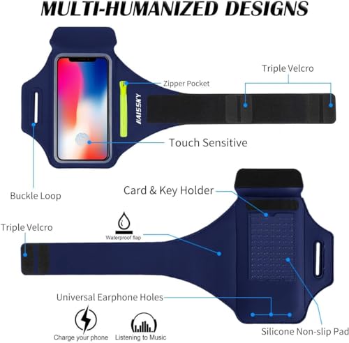 HAISSKY Running Armband with Zipper Pocket,Sweatproof Phone Armband 6.9" - color: Navy blue(Up to 6.9")