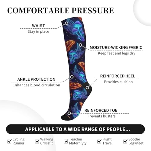 Witchy Moth Compression Socks For Women Men - color: Moth Neon Mushrooms