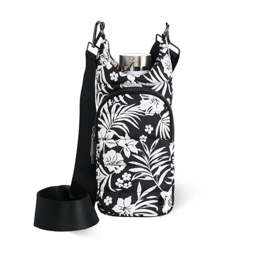 WanderFull® Original HydroBag®, Fits Up to 32 oz Water Bottle Holder with Strap, Gift for Women, Hands-Free Crossbody, Water Bottle Carrier Bag with Phone Pocket - color: Tropical Black & White Floral Print