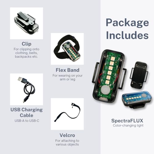 SpectraFLUX™ Wearable Multicolor Safety Light, USB Rechargeable, 12 Modes, Running Walking Cycling Biking Scooting, Including Red Taillight & White Headlight, Multiple Mount Options