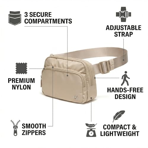 Pander Nylon Crossbody Belt Bag with Excess Strap Keepers, 6-Pocket Adjustable Sling Fanny Pack for Travel and Everyday Carry, Warm Beige - color: Warm Beige