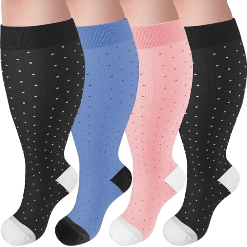 4 Pairs Plus Size Compression Socks,Extra Wide Calf 20-30 mmHg Knee High Compression Socks for Men Women Circulation - color: 04-black Point, size: 3X-Large