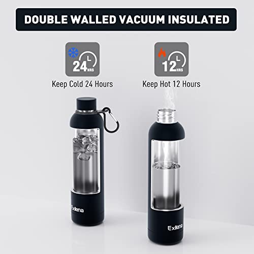 Exllena Slim Insulated Water Bottles for Travel 32oz with Clip, Double Wall Vacuum Stainless Steel Water Bottle Keeps Drinks Cold 24 Hrs/Hot 12 Hrs, 100% Leakproof, BPA Free (Black) - color: Black, size: 1 L