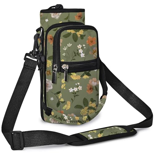 25/32/40/64oz Water Bottle Bag Holder Carrier-Insulated Crossbody Sling Case Sleeve with Strap & Pockets for Men Women Gym Cycling Travel Walking Hiking Camping - color: Green, Flowers, size: 25oz