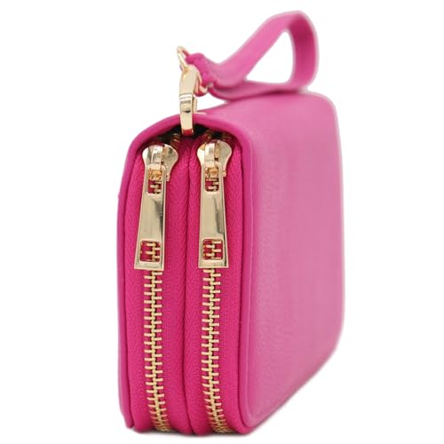 FashionPuzzle Double Zip Around PU Leather Wristlet Cell Phone Wallet - color: Fuchsia