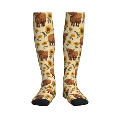Cute Compression Socks Knee High Support Stockings Women Men - color: Highland Cows Sunflower