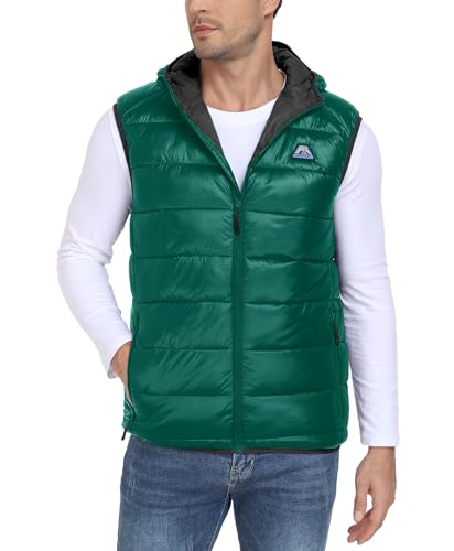 Mapamyumco Men's Hooded Puffer Vest Waterproof Lightweight Quilted - color: Dark Green, size: Medium