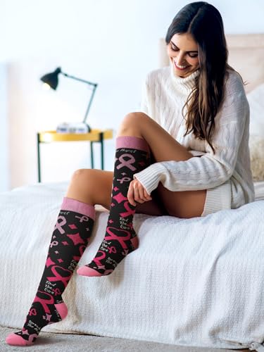 Fourluoo 6 Pairs Breast Cancer Awareness Compression Socks - size: Small-Medium, style: Ribbon