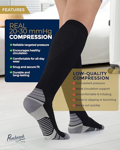 Pembrook 3 Pairs Compression Socks 20-30 mmHg - Compression Socks for Women and Men | Running, Athletic, Travel, Nurses - color: Black - 3 Pairs, size: Large