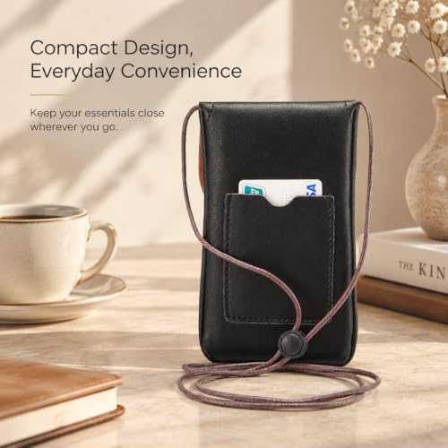 Cell Phone Neck Pouch PU Leather Bag with Credit Card Holder Adjustable Strap, Small Travel Purse Lightweight Mini Wallet Carrying Bag Fits iPhone 16+, Galaxy S25+, Pixel 9 Pro (Black) - color: 01 Black