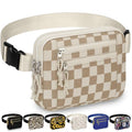 Capolo Fanny Packs for Women 4 Zip Pocket Crossbody Belt Bag Waist Bags - color: Khaki Square Grid, size: Medium