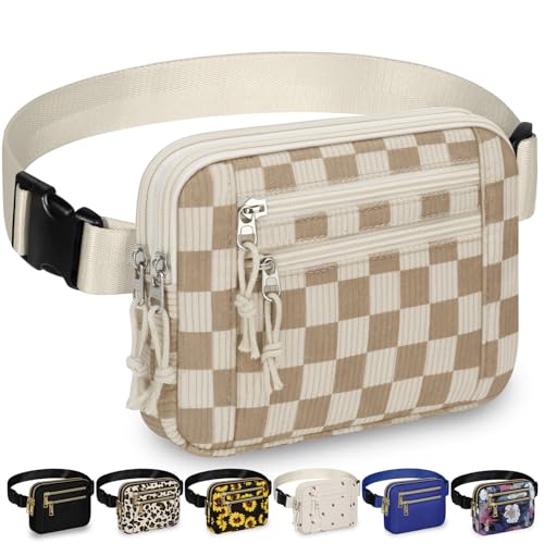 Capolo Fanny Packs for Women 4 Zip Pocket Crossbody Belt Bag Waist Bags - color: Khaki Square Grid, size: Medium
