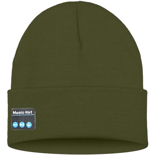 ATNKE LED Lighted Bluetooth Beanie Hat,USB Rechargeable 4 LED Wireless Music Running Headlamp Cap Gift for Men and Women - color: #Army Green