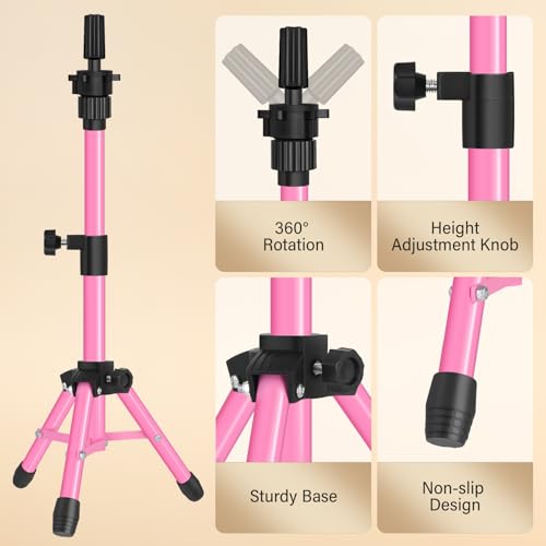 ZQIAN BEAUTY 25 Inch Wig Stand Tripod, Adjustable Mannequin Head Stand, Wig Head Stand for Training Heads And Canvas Block Head (Pink, Mannequin Head Not Included) - color: Pink, size: 25 Inch