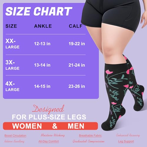 4 Pairs Plus Size Compression Socks,Extra Wide Calf 20-30 mmHg Knee High Compression Socks for Men Women Circulation - color: 06-white Flower, size: XX-Large