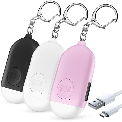 Personal Safety Alarm - 3-Pack - Rechargeable - Strobe LED Flashlight - SOS Emergency Loud Alarm - Self-Defense Keychain - for Women, Students, Kids, and Seniors (White, Pink, and Black - color: White&Pink&Black