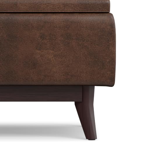SIMPLIHOME Owen 34" Wide Vegan Leather Tray Top Ottoman in Chestnut Brown - color: Distressed Chestnut Brown