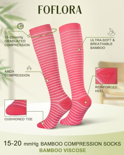 Bamboo Viscose Compression Socks|4Pairs 15-20mmHg Knee High Socks - color: Pink, size: Small-Medium
