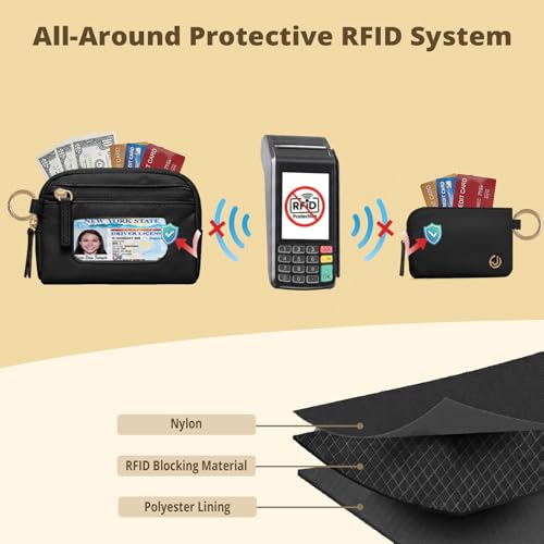 Dual Pouch Wristlet Keychain Wallet for Women, Coin Purse with RFID Blocking, Nylon Phone Wallet & Card Holder - color: Black