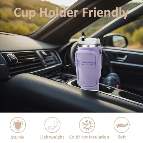 AceTreker Water Bottle Carrier Bag with Strap for Stanley 40/30 oz Tumbler Neoprene Insulated Cup Holder Sleeve with Phone Pocket & Straw Cover for Stanley Cup Accessories - color: 01-Pink, style: 30 Oz