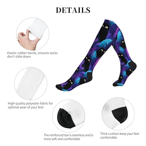 Cute Compression Socks Knee High Support Stockings Women Men - color: Black Cats Purple