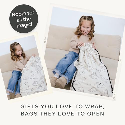 Gather & Knot Gift Bags | Reusable Fabric Drawstring Bags | Extra Large 22” | Premium Canvas Wrap for Birthdays, Baby Showers & Gifting | Dinosaur Flat Bottom - color: Dinosaur Flat