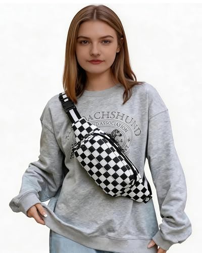 AIBEARTY Fashion Fanny Pack Small Checkered Waist Pack Belt Waist Bag Pack Pouch with Adjustable Strap for Sport Running,Camping,Trip - color: Black Check Pattern
