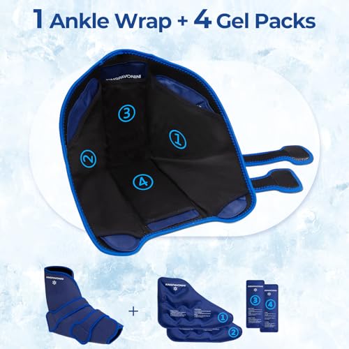 KingPavonini Ankle Foot Ice Pack, Standard Size, Blue, 1 Wrap + 4 Gel Packs - size: Standard, style: Blue (1 Wrap+4 Gel Packs)