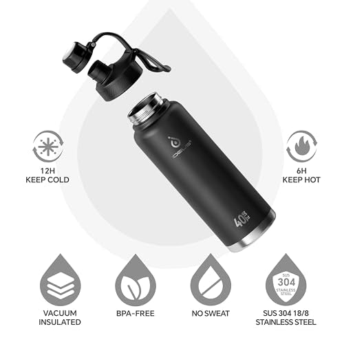 Ideus 40oz Stainless Steel Insulated Water Bottle with 2 Lids, Black - color: Black, size: 40 Ounces