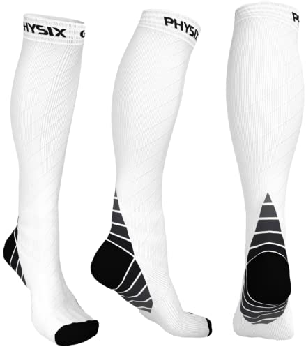 Physix Gear Compression Socks 20-30 mmHg - Men & Women - Running, Nurses, Shin Splints, Flight, Travel - color: White, size: Large/X-Large