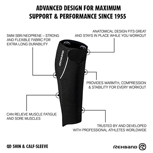 Rehband Calf Sleeve 5mm Neoprene, Unisex Shin Calf Compression Sleeve for Running, Football, Fitness, Compression Calf Support helps with cramps and stabilizes muscles, Colour:Black, Size:Large - size: Large