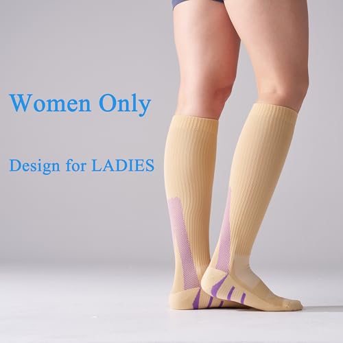 4 Pairs 20-30mmHg Compression Socks for Women Knee High Flying - color: Beige Mix, size: Small-Medium