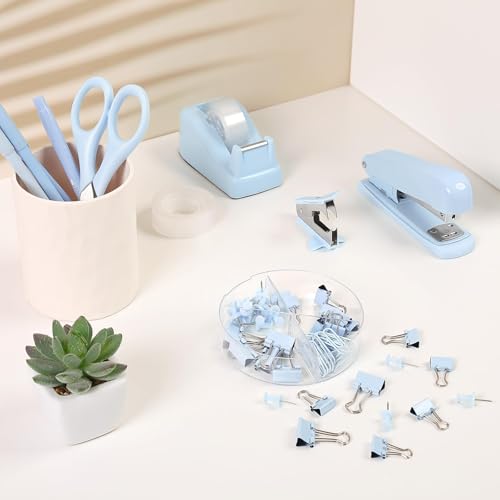 SKYDUE Blue Office Desk Accessories, Stapler and Tape Dispenser Set,10PCS - color: Blue