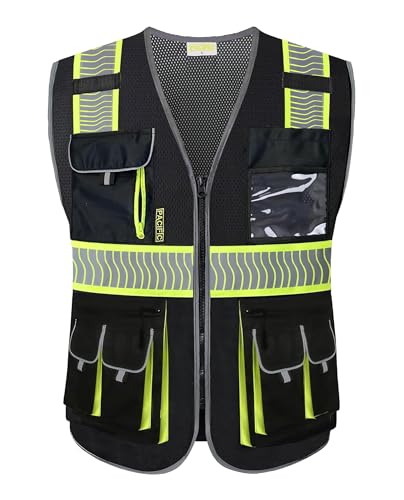 PACIFIC PPE Class 1 Safety Vest, 10 Pockets, 3M Reflective, Black, Large - size: Large