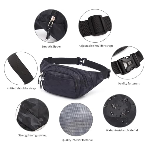 Large Fanny Pack for Men Women NSYOOMH, Crossbody Waist Bag 5-Zipper Pocket - color: Camo Black