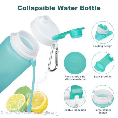 PLTCAT Collapsible Water Bottles, 19oz Foldable Silicone Travel Bottles - color: Green and Blue