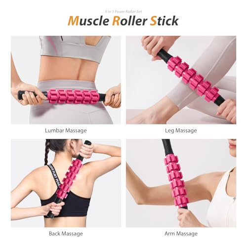 SUBCULTUREPICK 5 in 1 Foam Roller Set for Deep Tissue Muscle Massage - color: Pink-black