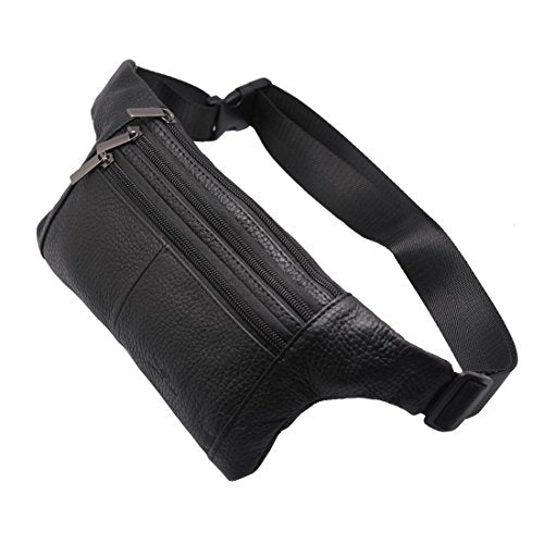 Triple Pocket fanny pack Genuine Leather waist bag slim shoulder bag Hip Purse Adjustable Belt strap Casual Pouch Outdoor Day bag (Black) - color: Black