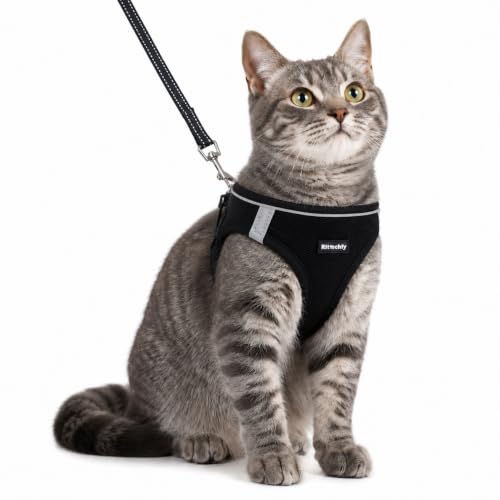 Rttochfy Cat Harness and Leash Set, Escape Proof Kitten Harness, Soft and Breathable Vest with Reflective Strip, Easy to Wear for Cats Walking and Traveling (Black, XXS) - color: Black, size: XXS (Chest:11"-12")