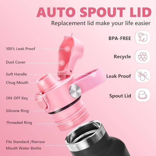 EIPOSAU Auto Flip Lid for Hydro Flask Standard Mouth Bottle, Spout lid for HydroFlask Narrow Mouth Bottle, Replacement Lid with Button Lock - color: Pink