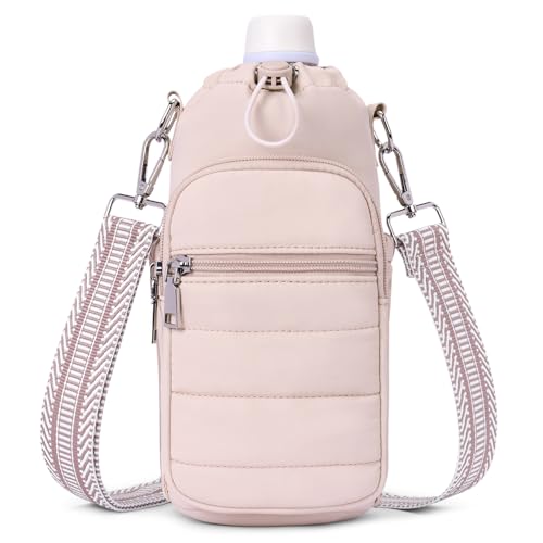 Water Bottle Bag 40 oz Crossbody Holder for Walking Hiking Insulated Carrier Purse with Adjustable Strap - color: Pink