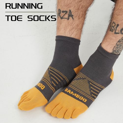 Sunew 3 Pairs Toe Socks for Men Women,Viscose Bamboo Breathable Athletic Running Five Finger Ankle/Quarter Socks - color: Grey+yellow, size: Small