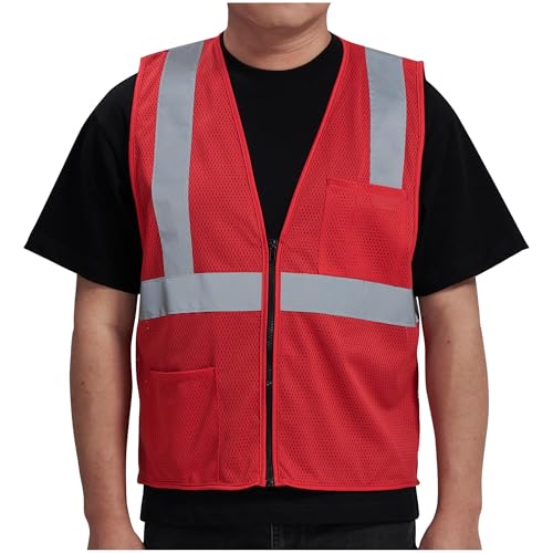 AYKRM 2 Pocket Mesh High Visibility Reflective Safety Vest for men & Women ANSI/ISEA 107 Standards - color: Red, size: Small