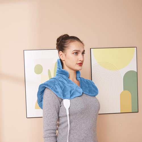 Ambershine 19''x24'' Weighted Neck & Shoulder Heating Pad, 2.5lbs with 12 Temperature Settings& 4 Auto-Off Timers, Pain Relief for Neck/Shoulder/Back(Light Blue) - color: 01-light Blue