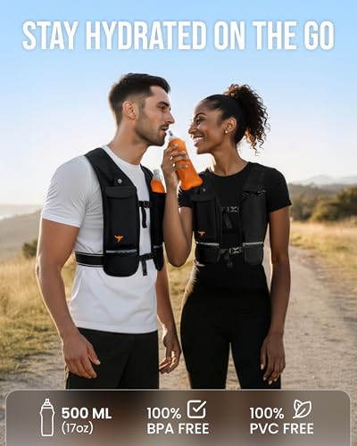 Running Vest for Women Men-Reflective Running Hydration Vest with 500ml Soft Water Bottle, Phone Holder, 2 LED Lights USB Rechargeable-7 Pockets Runners Backpack Marathon - size: Medium-Large