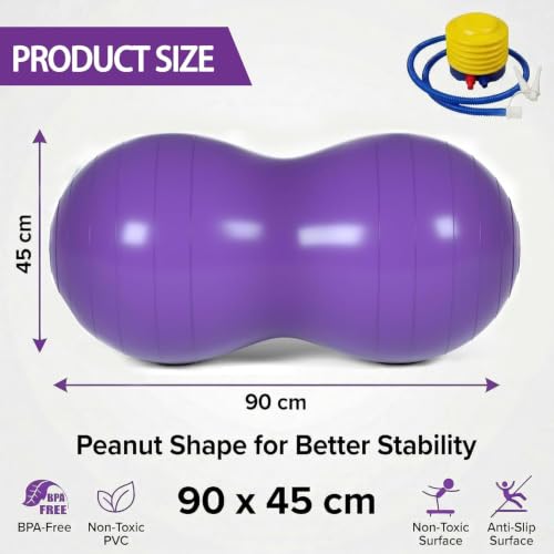 Peanut Ball for Kids Therapy,Anti-Burst Exercise Ball with Pump 90x45cm Yoga Ball Gym Quality Fitness Ball for Pregnancy Birth Exercise Physical Therapy, for Child Training, Women, Men - color: Purple