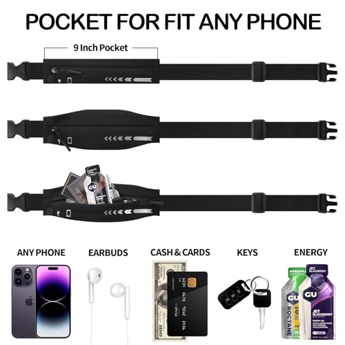 USHAKE Slim Running Belt Women Men, Bounce Free Fanny Pack Phone Holder - color: Black
